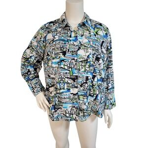 Lane Bryant Women's Button Blouse, White/Blues/Greens, Size 26/28 Buildings